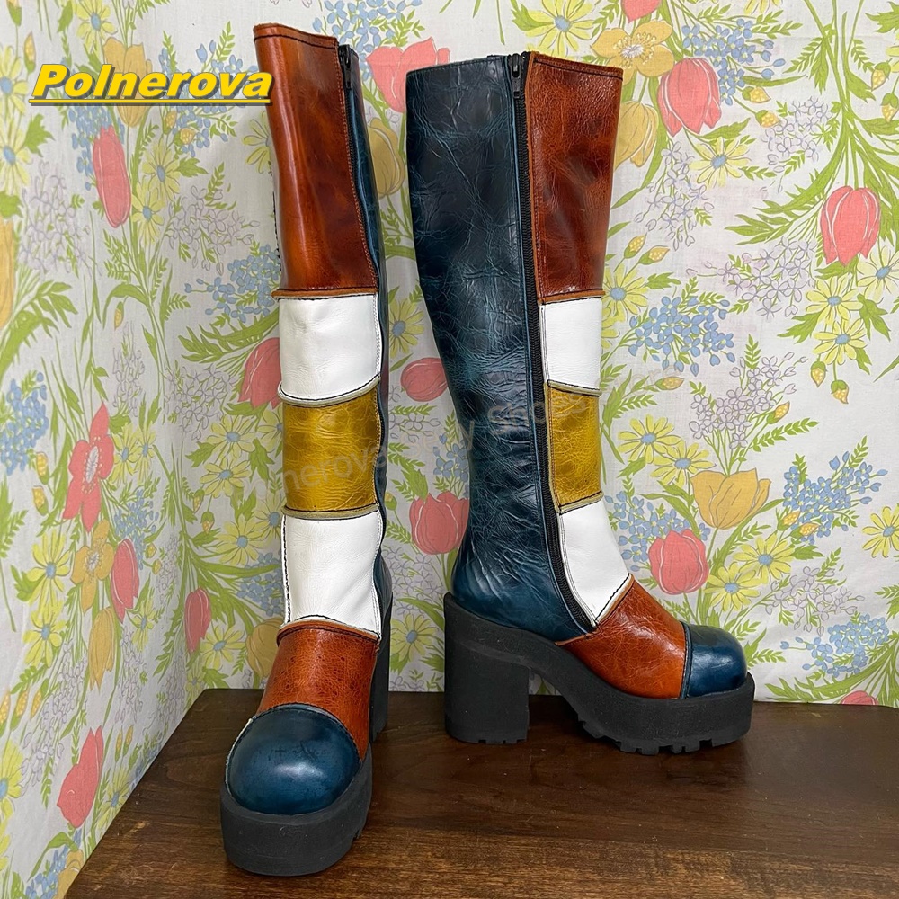 女性レトロパッチワークレザーニーハイブーツカラーブロックチャ - Vintage Fashion In 2026 のレビューと価格