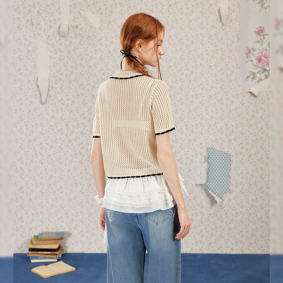 女性ニットリブブラウスシャツシックな中空アウトストライプ半袖 - Vintage Fashion Korea のレビューと価格
