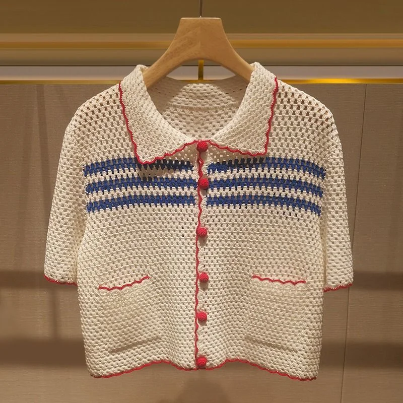 女性ニットリブブラウスシャツシックな中空アウトストライプ半袖 - Vintage Fashion Korea のレビューと価格