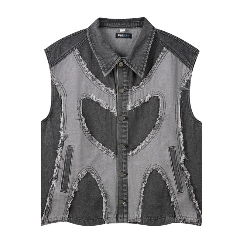 ヨーロッパとアメリカのメンズ ラペル付きノースリーブデニムジ - Patchwork Jean Jacket のレビューと価格
