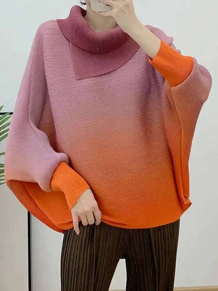 プリーツ Tシャツグラデーション女性のためのラペル長袖バット - Vintage Fashion Build のレビューと価格
