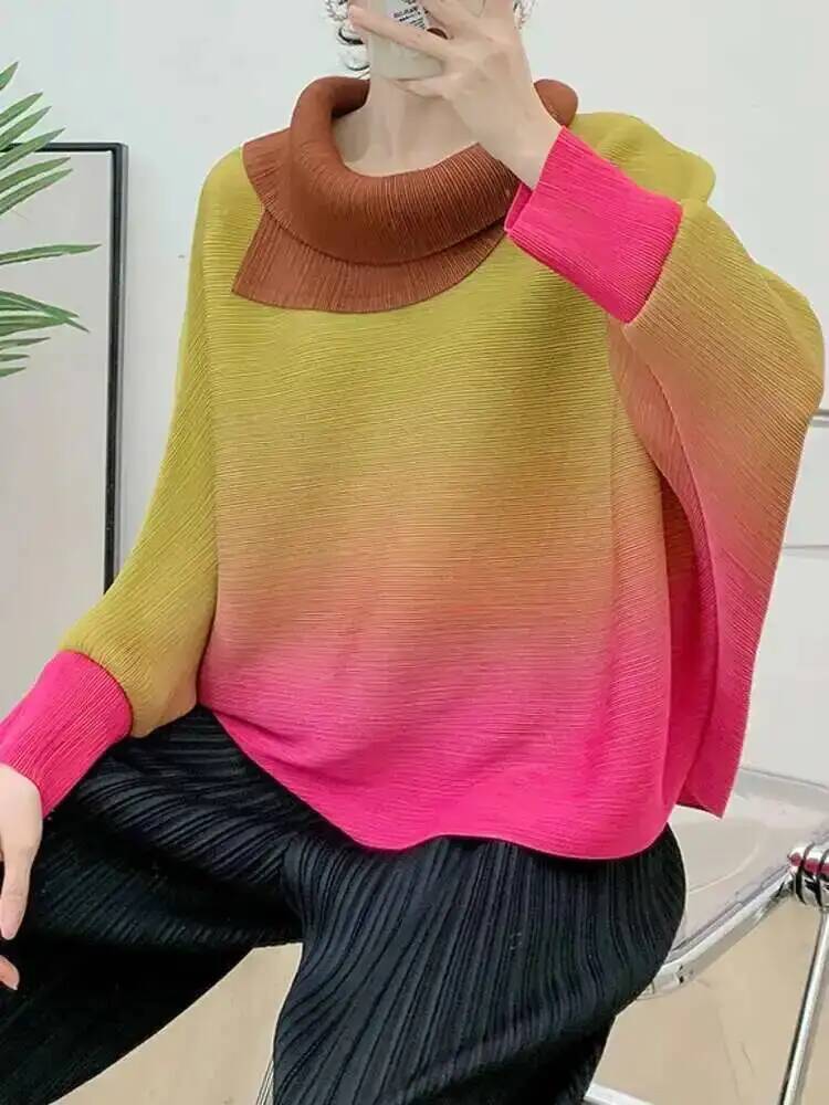 プリーツ Tシャツグラデーション女性のためのラペル長袖バット - Vintage Fashion Build のレビューと価格