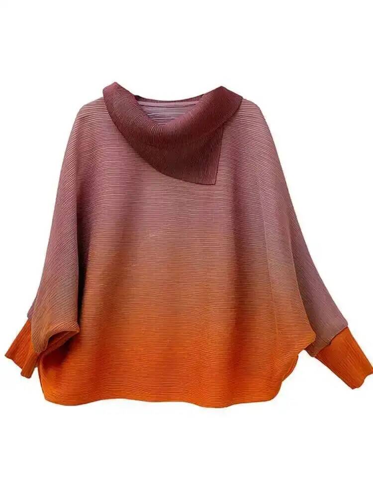 プリーツ Tシャツグラデーション女性のためのラペル長袖バット - Vintage Fashion Build のレビューと価格