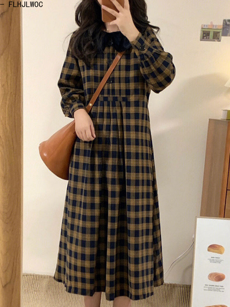 コットンチェックドレス,エレガント,韓国ファッション,日本の - Vintage Fashion Korea のレビューと価格