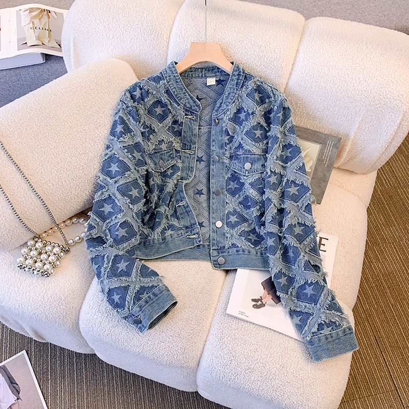 レディースデニムコート ラウンドネックジャケット Y2K ス - Patchwork Jean Jacket のレビューと価格