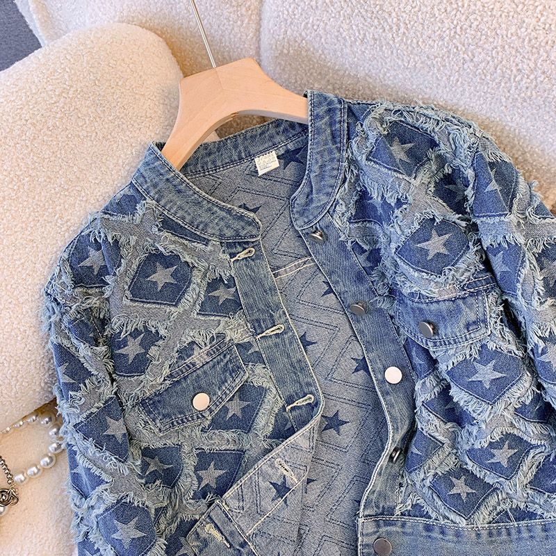 レディースデニムコート ラウンドネックジャケット Y2K ス - Patchwork Jean Jacket のレビューと価格