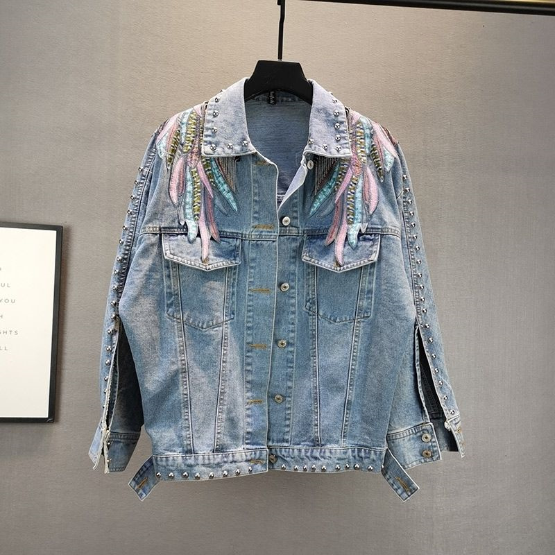 女性用長袖デニムジャケット,フリンジ付きデニムコート,ファッ - Patchwork Jean Jacket のレビューと価格