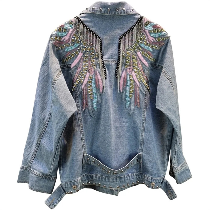 女性用長袖デニムジャケット,フリンジ付きデニムコート,ファッ - Patchwork Jean Jacket のレビューと価格