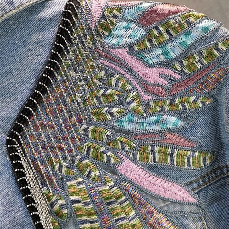 女性用長袖デニムジャケット,フリンジ付きデニムコート,ファッ - Patchwork Jean Jacket のレビューと価格