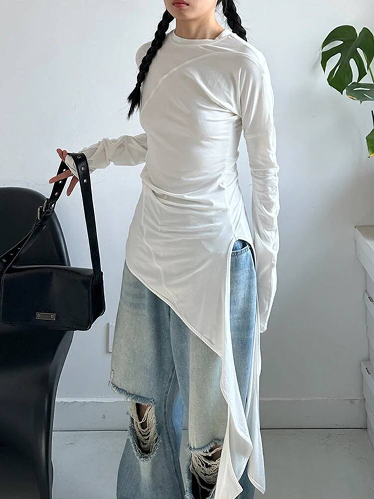 裾女性白不規則エレガントロングスリム Tシャツ新しいラウンド - Vintage Fashion Build のレビューと価格