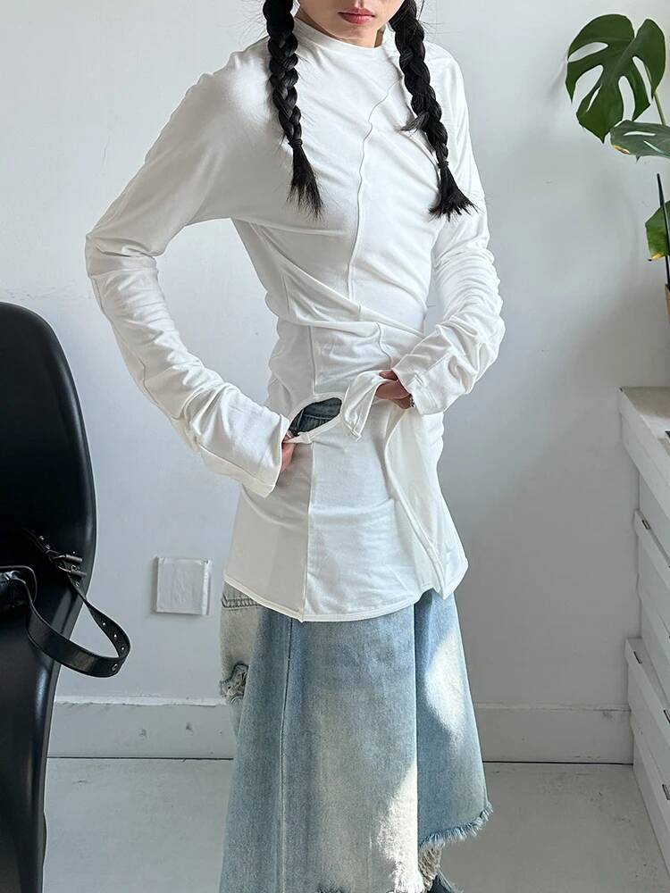 裾女性白不規則エレガントロングスリム Tシャツ新しいラウンド - Vintage Fashion Build のレビューと価格