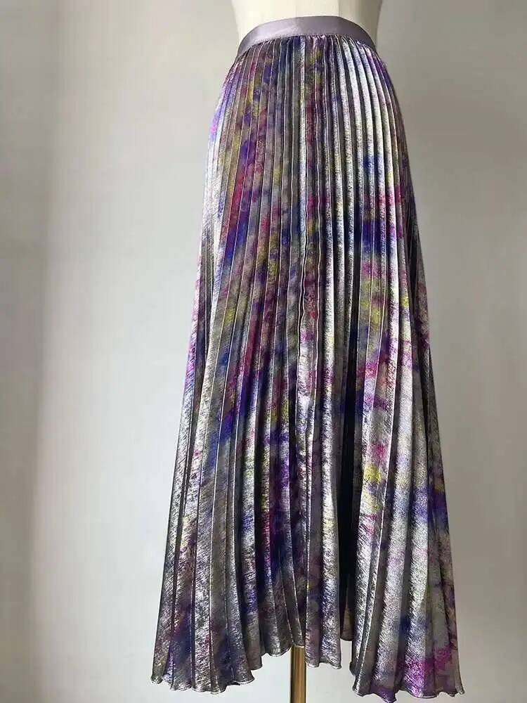 光沢のあるカラフルな高級ハイウエストミディスカート 2025 - Vintage Fashion Old Money のレビューと価格
