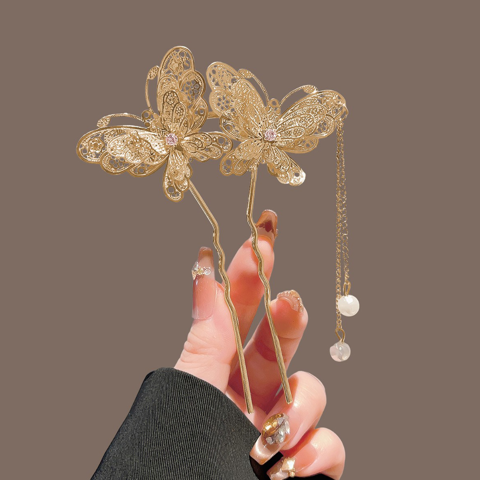 ネオ中国風ダブルバタフライタッセルヘアピン エレガント合金ヴ - Vintage Fashion In Chinese のレビューと価格