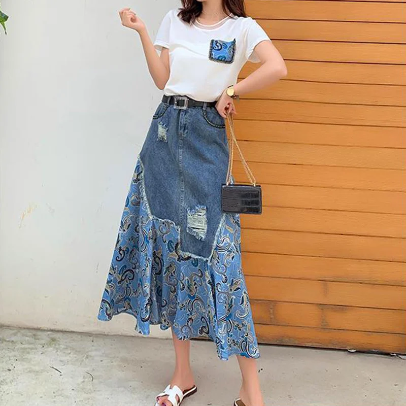 女性の不規則なパッチワークデニムスカート,ハイウエスト,ロン - Denim Skirt Midi Vintage のレビューと価格