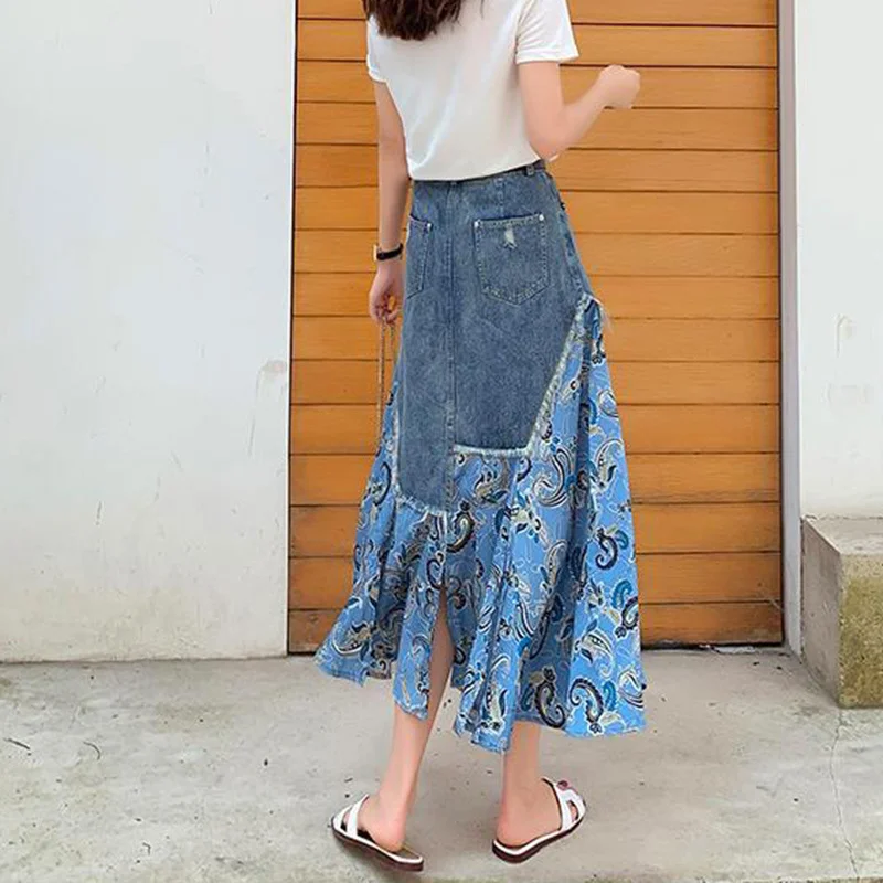 女性の不規則なパッチワークデニムスカート,ハイウエスト,ロン - Denim Skirt Midi Vintage のレビューと価格