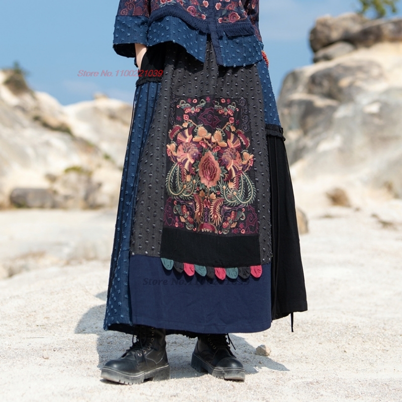 2026年伝統的な民族風デニムパッチワークスカート、国花刺繍 - Denim Skirt Midi Vintage のレビューと価格