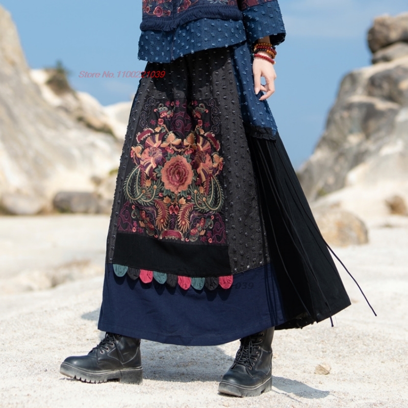 2026年伝統的な民族風デニムパッチワークスカート、国花刺繍 - Denim Skirt Midi Vintage のレビューと価格
