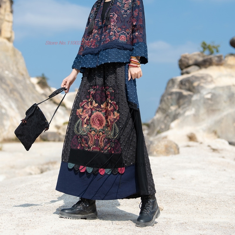 2026年伝統的な民族風デニムパッチワークスカート、国花刺繍 - Denim Skirt Midi Vintage のレビューと価格