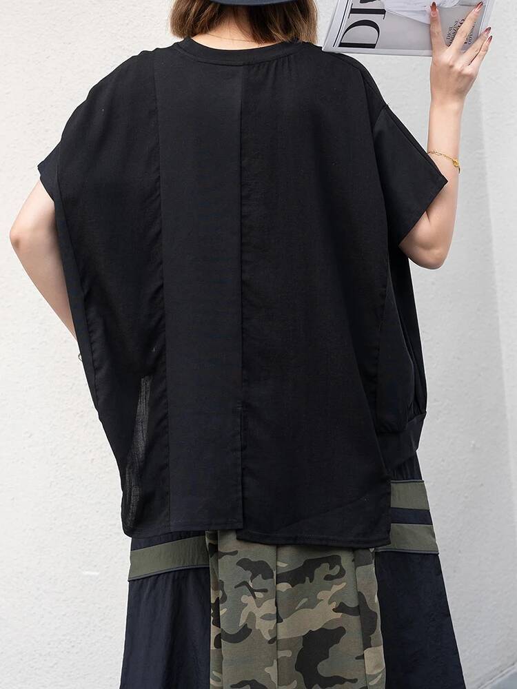 不規則な女性用黒裾ビッグサイズカジュアルTシャツ新作ラウンド - Vintage Fashion Build のレビューと価格