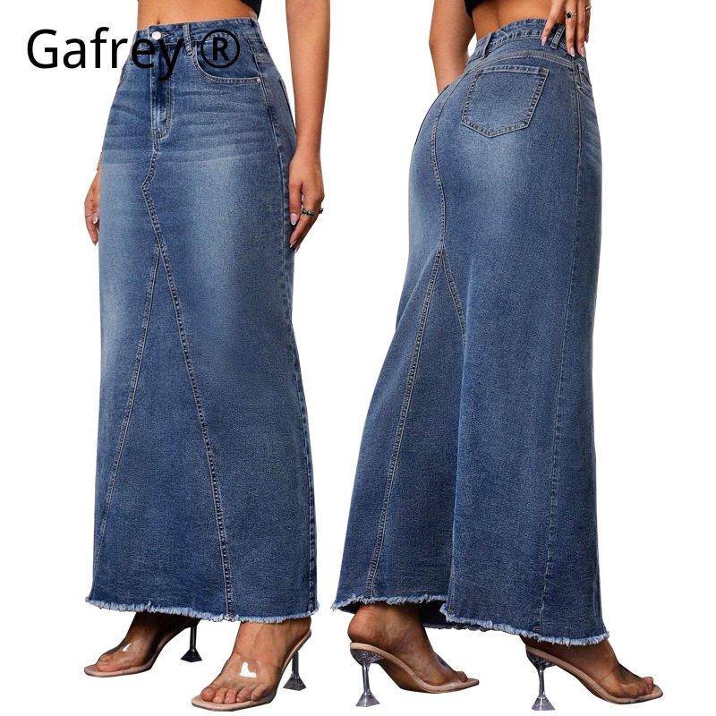 レディースデニムミディスカート、ハイウエストフィッシュテール - Denim Skirt Midi Vintage のレビューと価格
