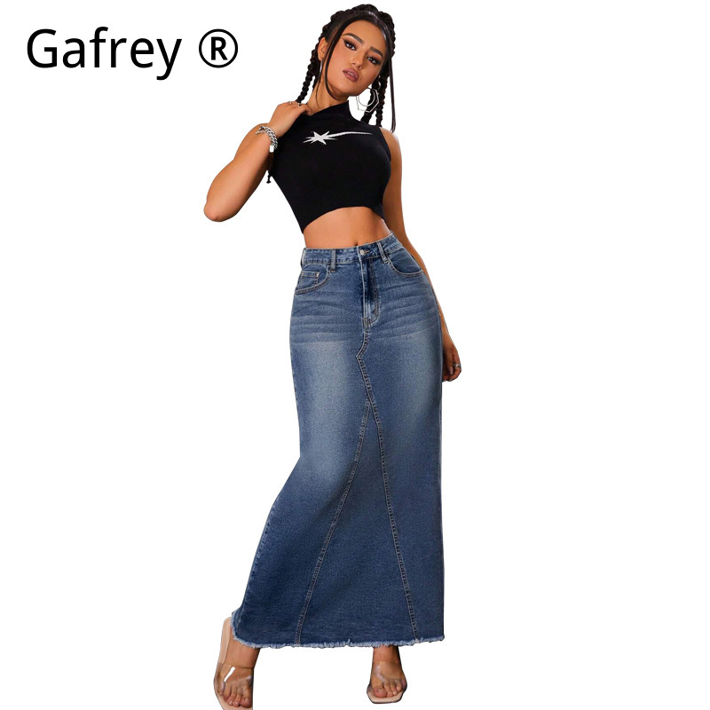 レディースデニムミディスカート、ハイウエストフィッシュテール - Denim Skirt Midi Vintage のレビューと価格