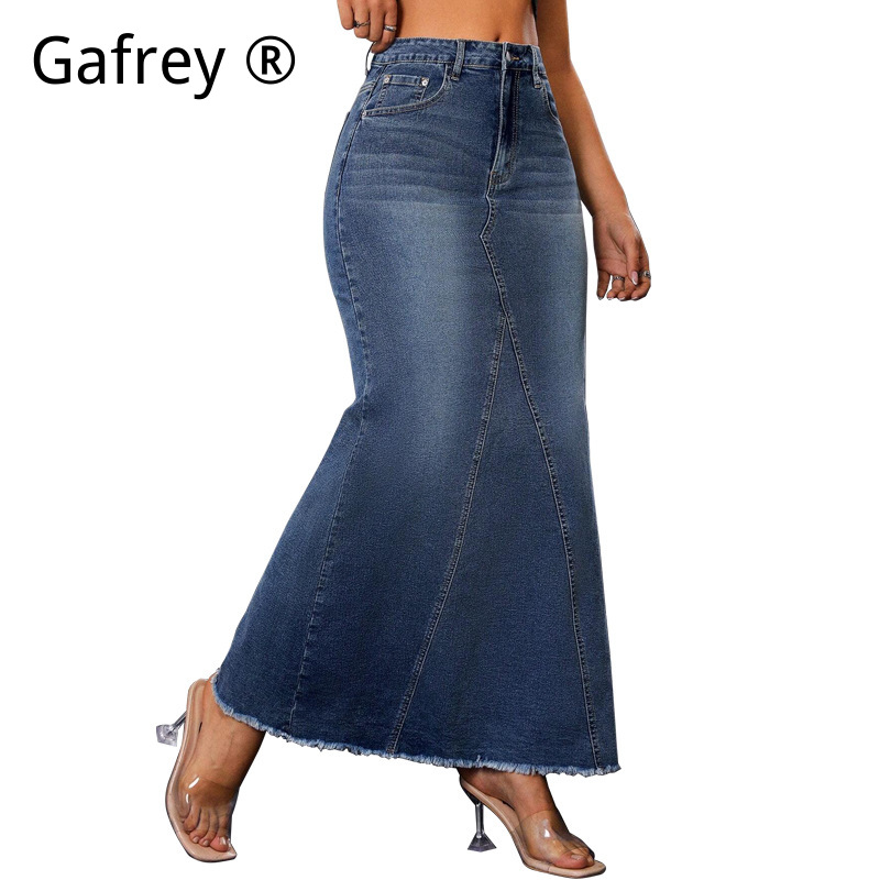 レディースデニムミディスカート、ハイウエストフィッシュテール - Denim Skirt Midi Vintage のレビューと価格