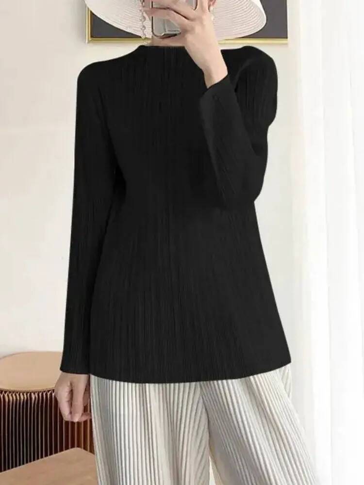 ファッションソリッドカラー折り目Tシャツ女性のラウンドネック - Vintage Fashion Build のレビューと価格