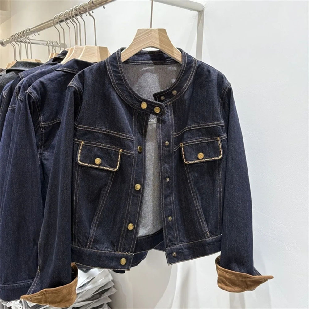 新しいステッチレトロ春秋デニムジャケット女性長袖バックルジー - Patchwork Jean Jacket のレビューと価格