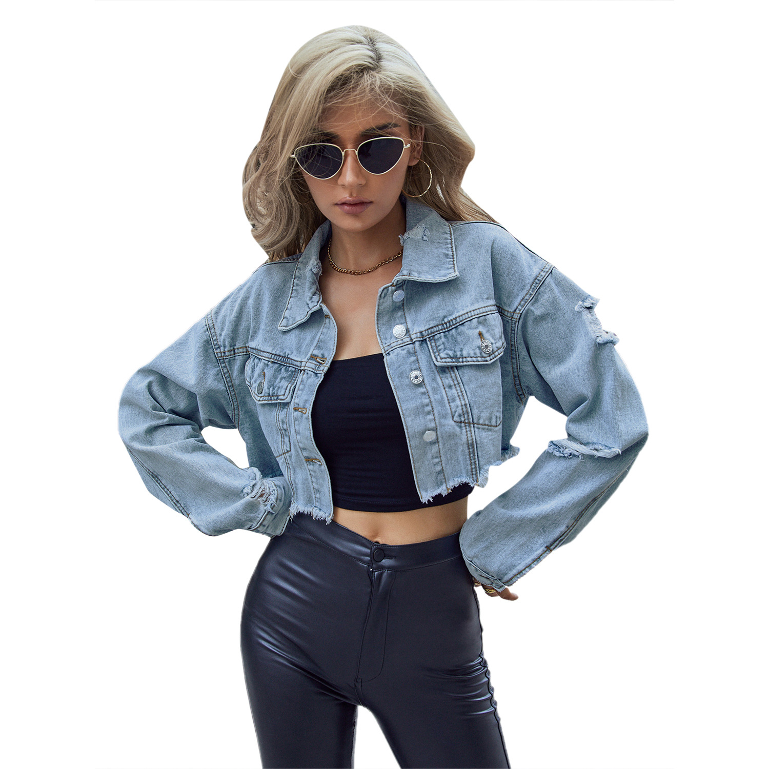 女性デニムコートソリッドショートジャケットポケットターンダウ - Patchwork Jean Jacket のレビューと価格