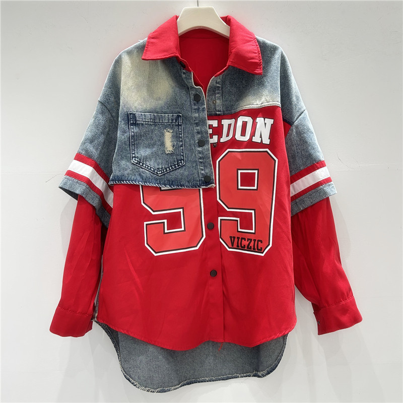 レトロ女性デニムパッチワークシャツジャケット数字文字プリント - Patchwork Jean Jacket のレビューと価格
