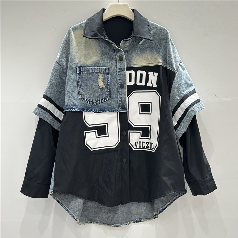 レトロ女性デニムパッチワークシャツジャケット数字文字プリント - Patchwork Jean Jacket のレビューと価格