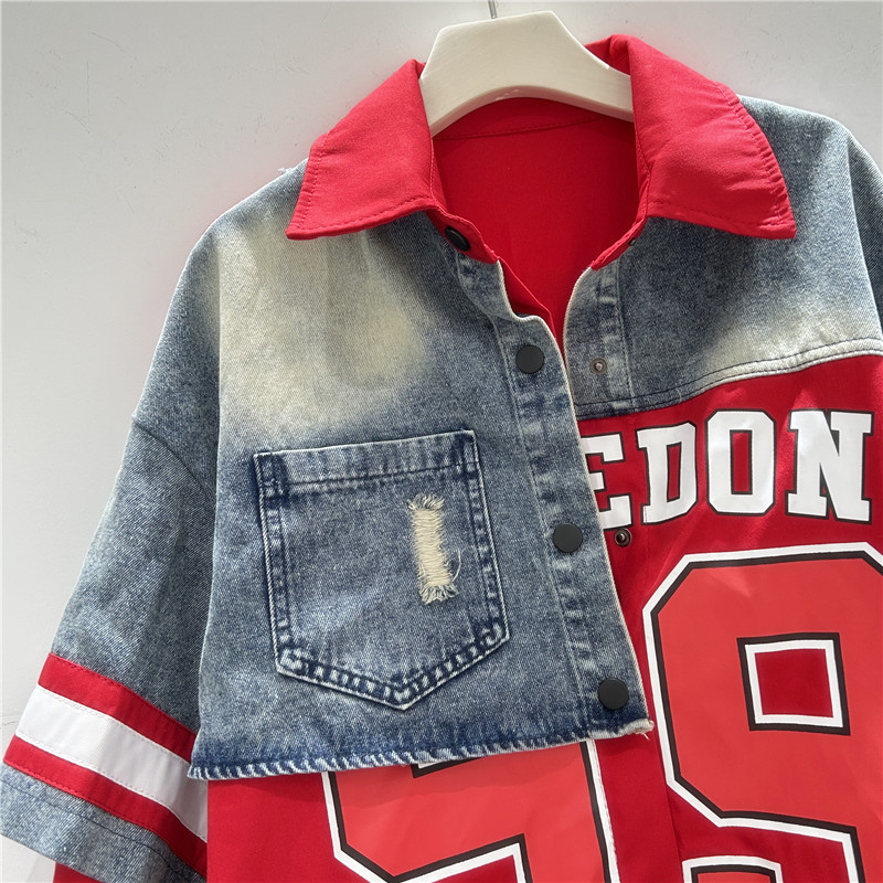 レトロ女性デニムパッチワークシャツジャケット数字文字プリント - Patchwork Jean Jacket のレビューと価格