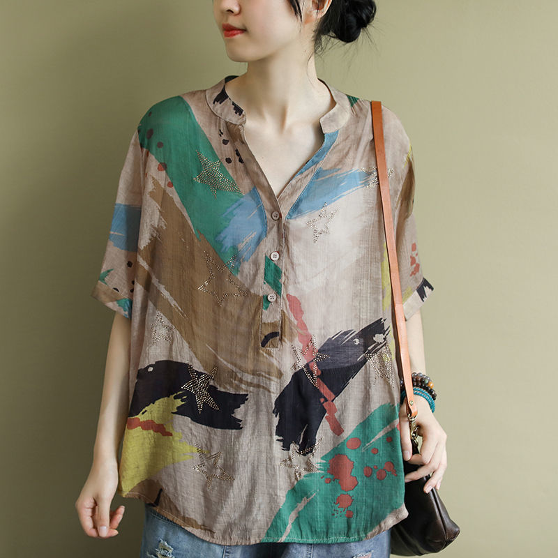 リネンとコットンのブラウス,カジュアル,ルーズ,エレガント, - Vintage Fashion In Chinese のレビューと価格