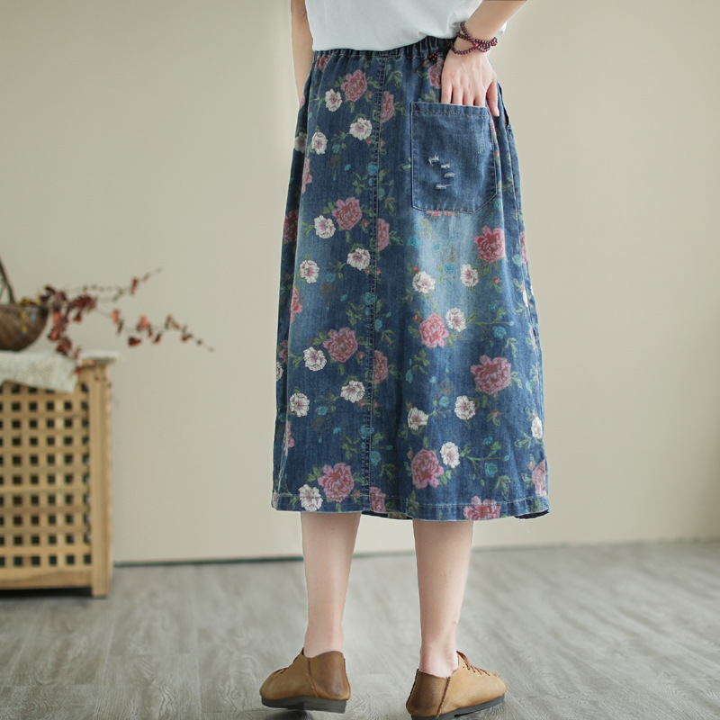 日本のヴィンテージ森ガールフラワープリント刺繍デニムスカート - Denim Skirt Midi Vintage のレビューと価格