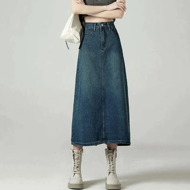 デニムスカート女性ミディバックスリットヴィンテージルーズスト - Denim Skirt Midi Vintage のレビューと価格