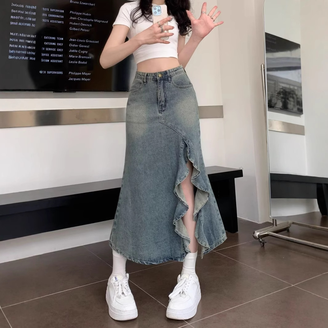 韓国ハイウエストヴィンテージブルーデニムスカートレディースイ - Denim Skirt Midi Vintage のレビューと価格