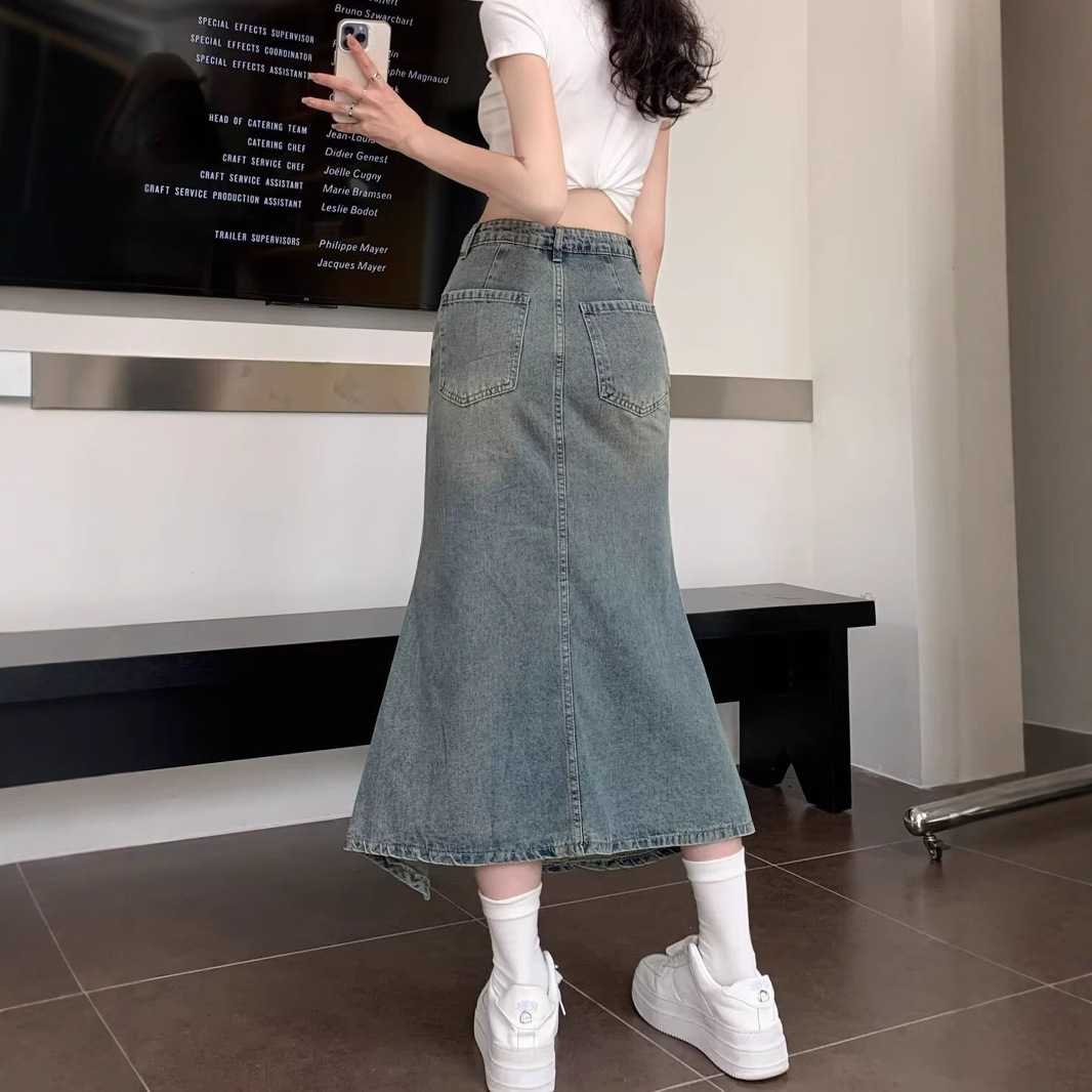 韓国ハイウエストヴィンテージブルーデニムスカートレディースイ - Denim Skirt Midi Vintage のレビューと価格