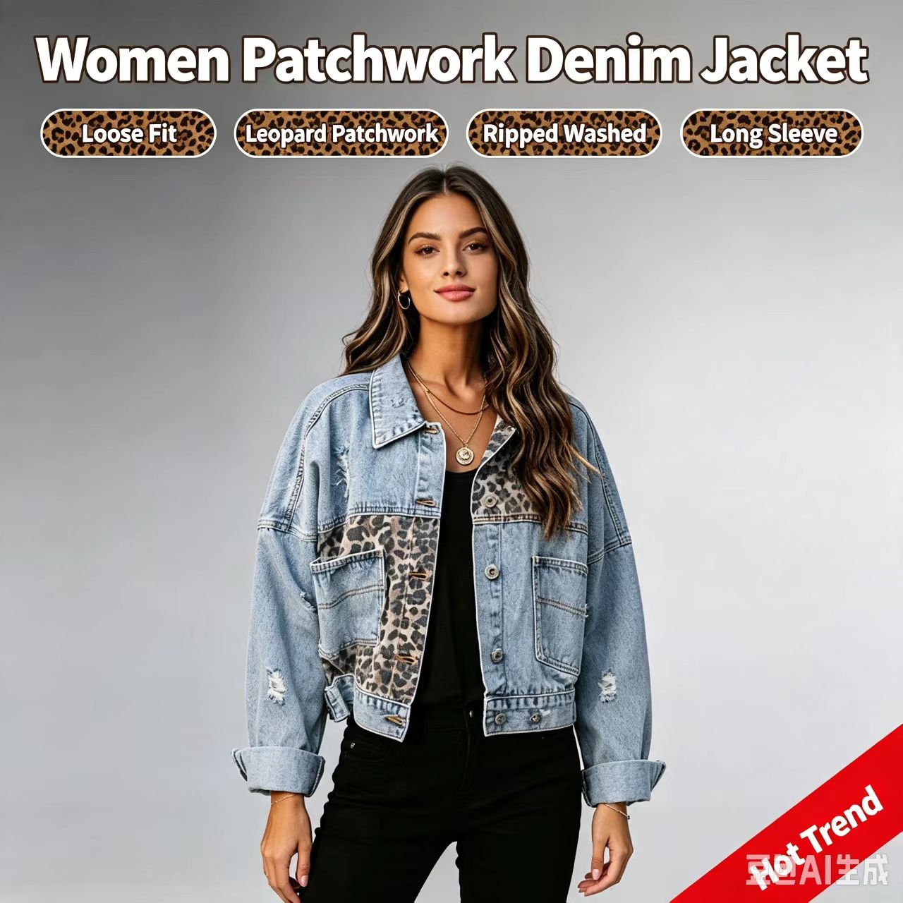 2026年ストリートウェア レディース レオパード柄 パッチ - Patchwork Jean Jacket のレビューと価格
