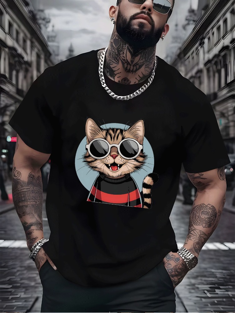 ヴィンテージ猫柄コットンTシャツ原宿Y2Kファッションストリ - Vintage Fashion Outfits Men のレビューと価格