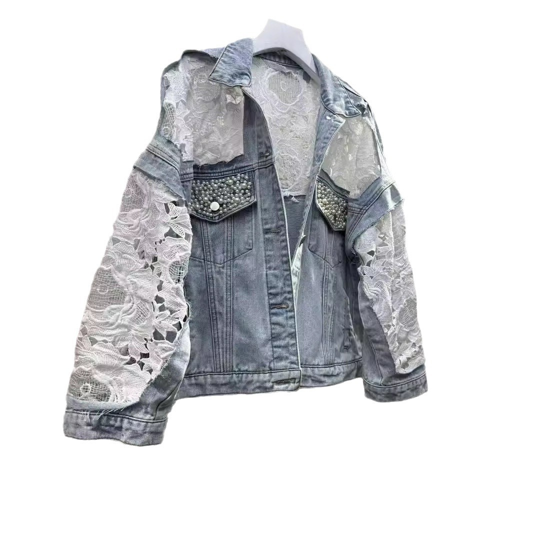 女性のスプライス刺繍ジャケット,襟を折りたたんだ服,真珠,色 - Patchwork Jean Jacket のレビューと価格