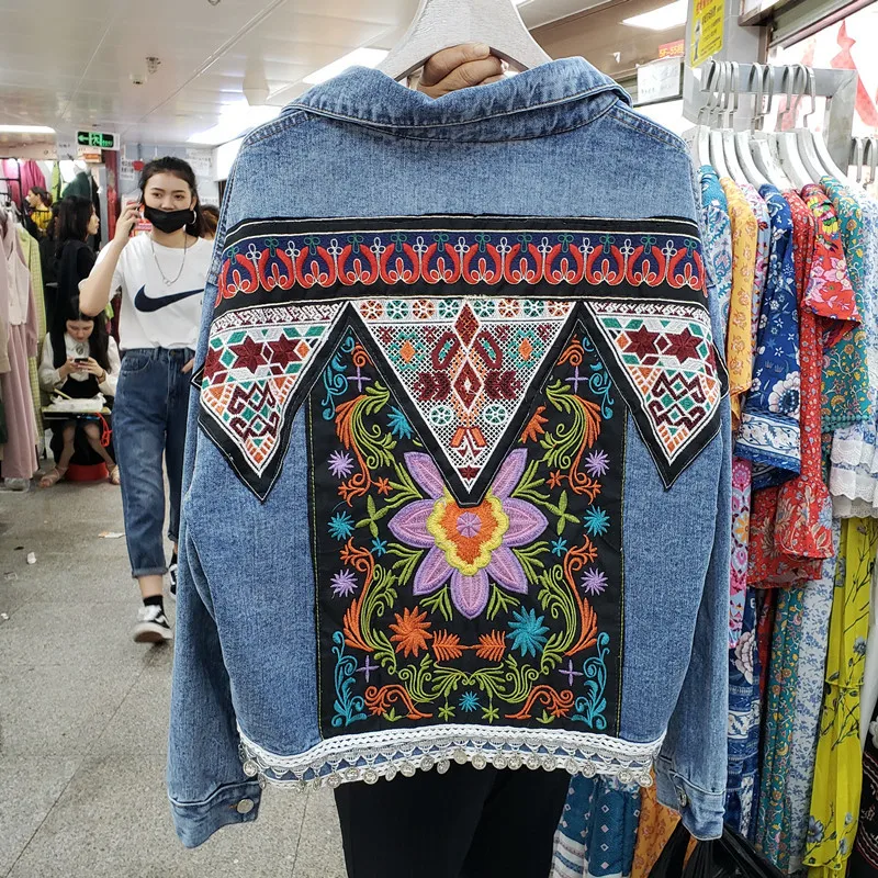 ヴィンテージブルー刺繍スパンコールタッセルデニムジャケット女 - Patchwork Jean Jacket のレビューと価格